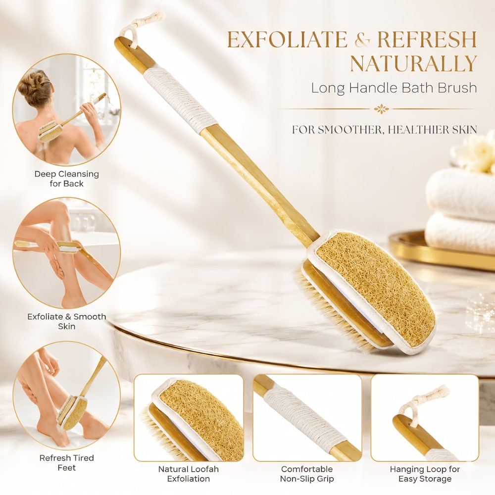 Wood Long Handle Bath Brush Na - Body Loofah Natural 评论和价格
